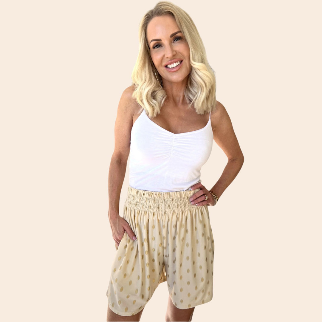 Mabel – Gold-Dot Women’s Elastic Lounge Shorts