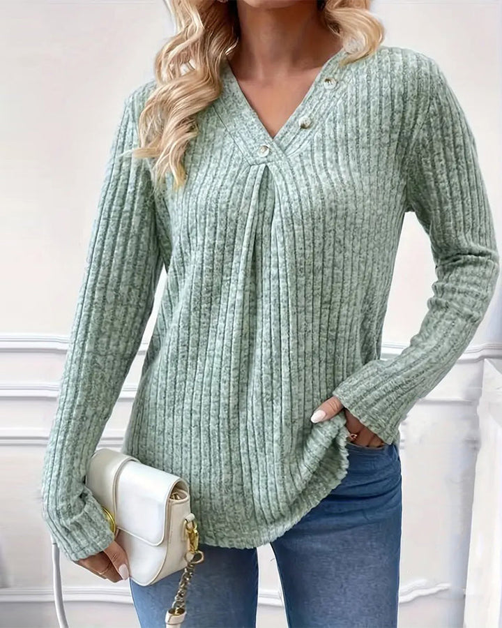 Felicia – Women’s Ruched V-Neck Button Top