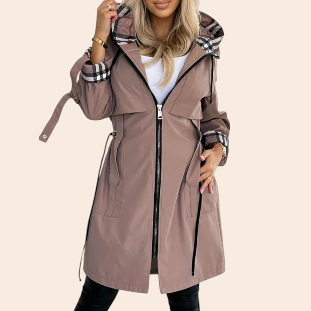Maria – Plaid-Print Women’s Longline Hooded Coat