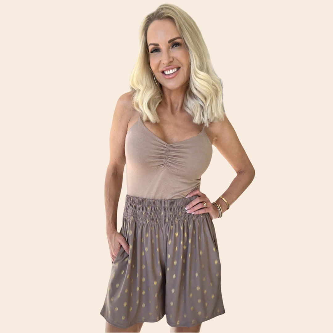 Mabel – Gold-Dot Women’s Elastic Lounge Shorts