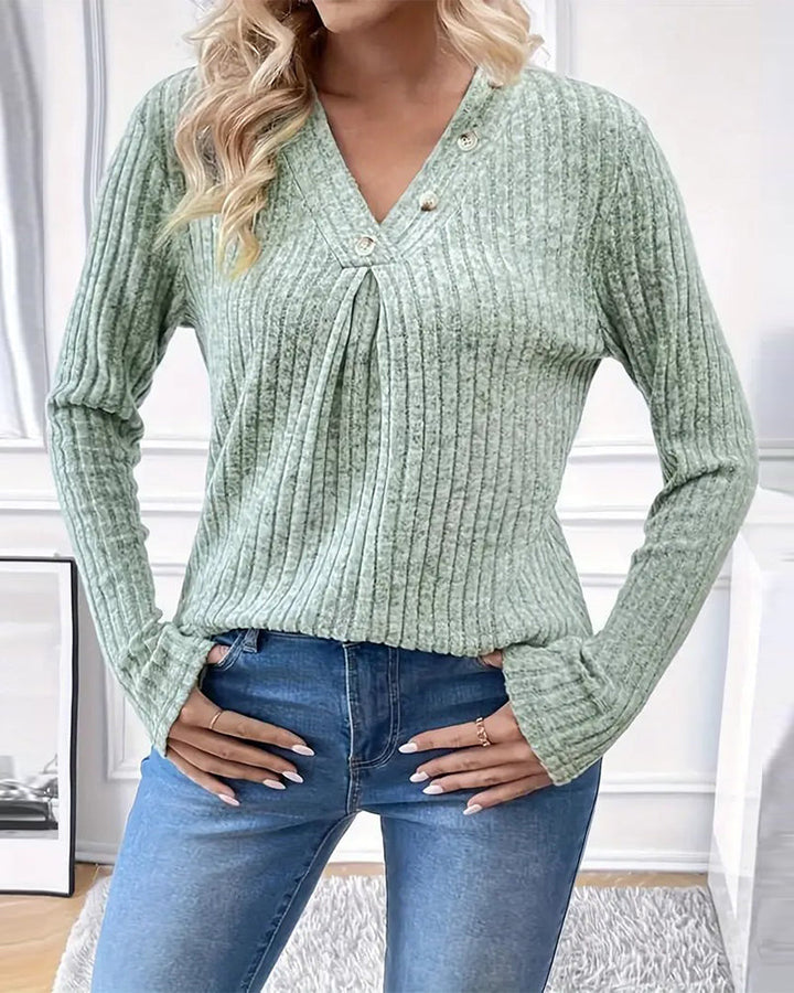 Felicia – Women’s Ruched V-Neck Button Top